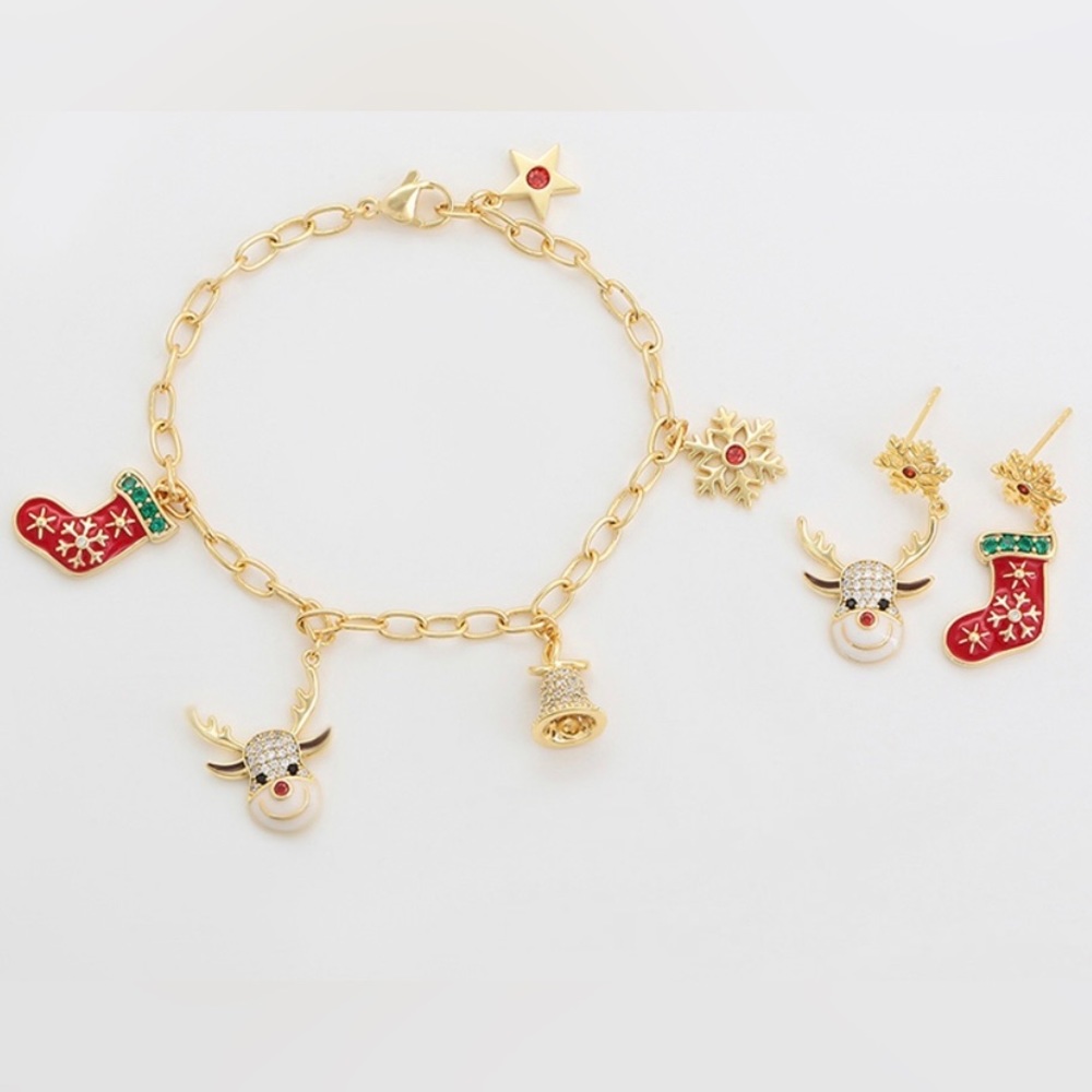 Christmas Bracelet and Earrings Set 14k Gold Christmas Deer Socks - Picture 10 of 13